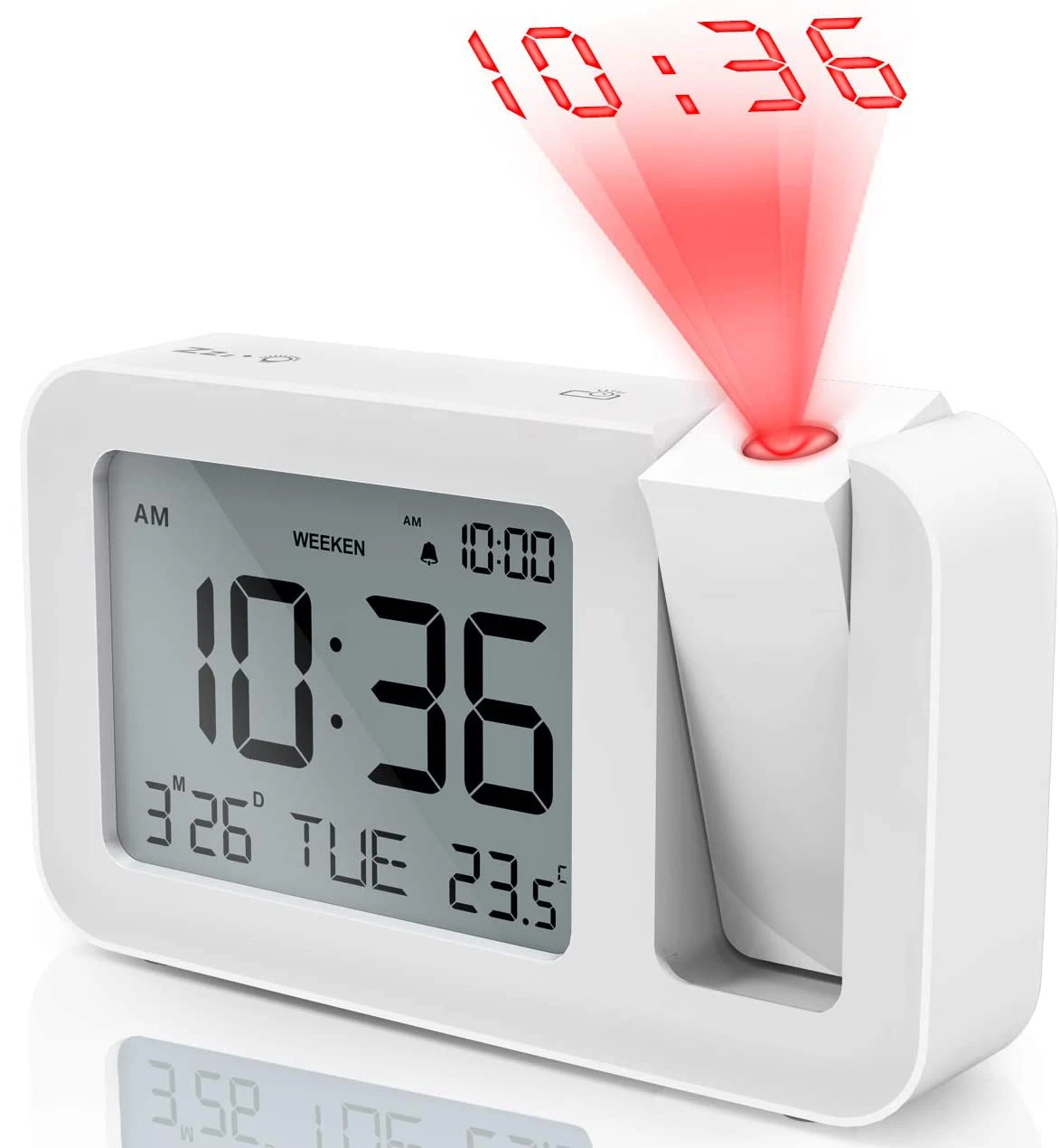 Azan clock mounted beside bookshelf in modern living room, blending with decor