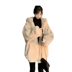 Korean version of loose velvet jackets for women Midi-length thick hooded Coats outdoor jackets