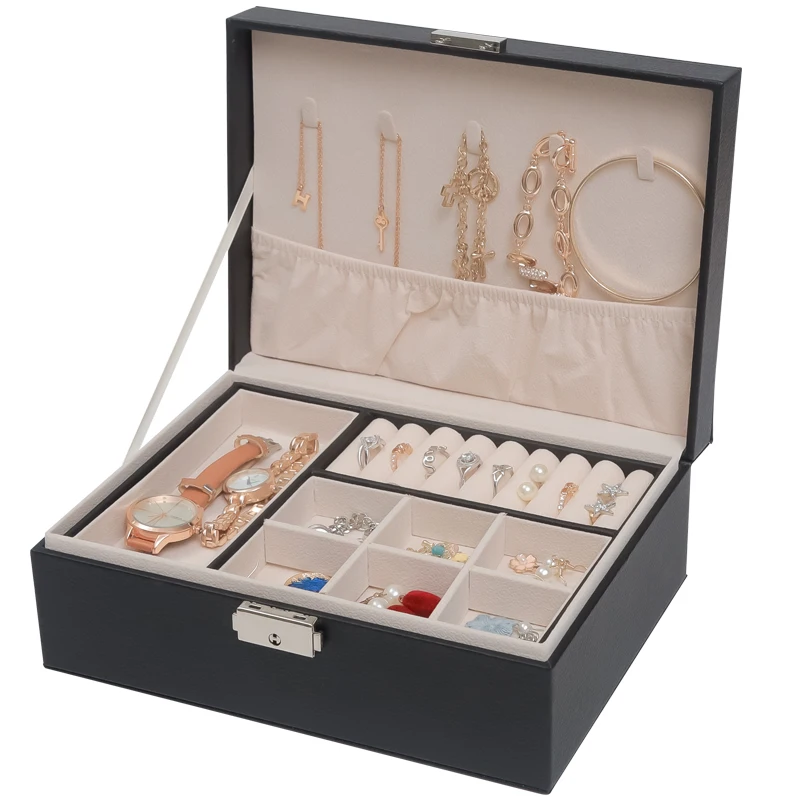 
Custom wholesale Sell well Tray Showcase Ring Luxury Display leather With lock jewelry Organizer jewelry Storage Box 