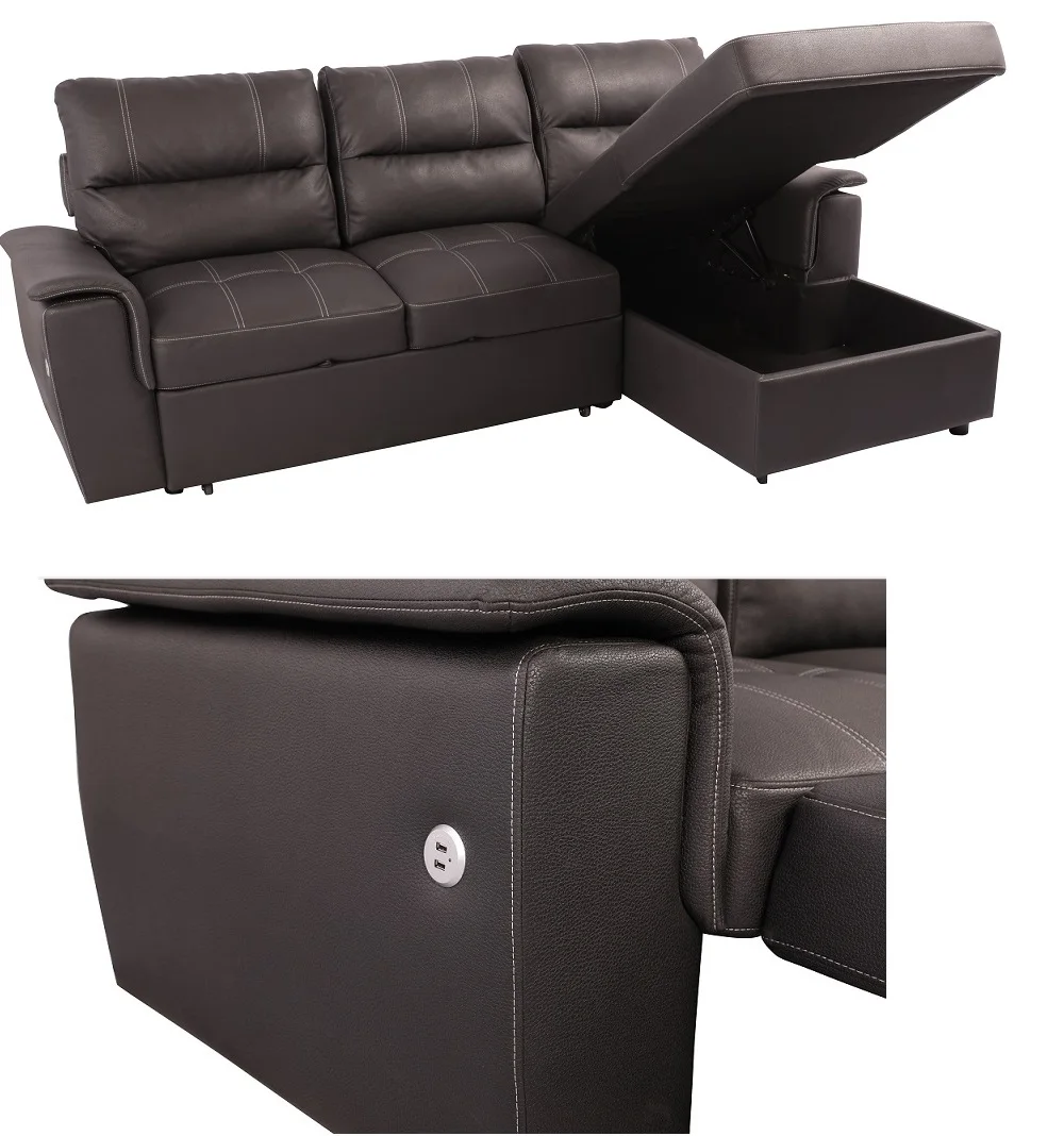 L shaped folding corner leather sofa bed cum with storage