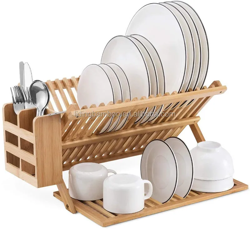 Bamboo Dish Rack Foldable Drying Collapsible Dish Drainer Wooden Plate Rack  