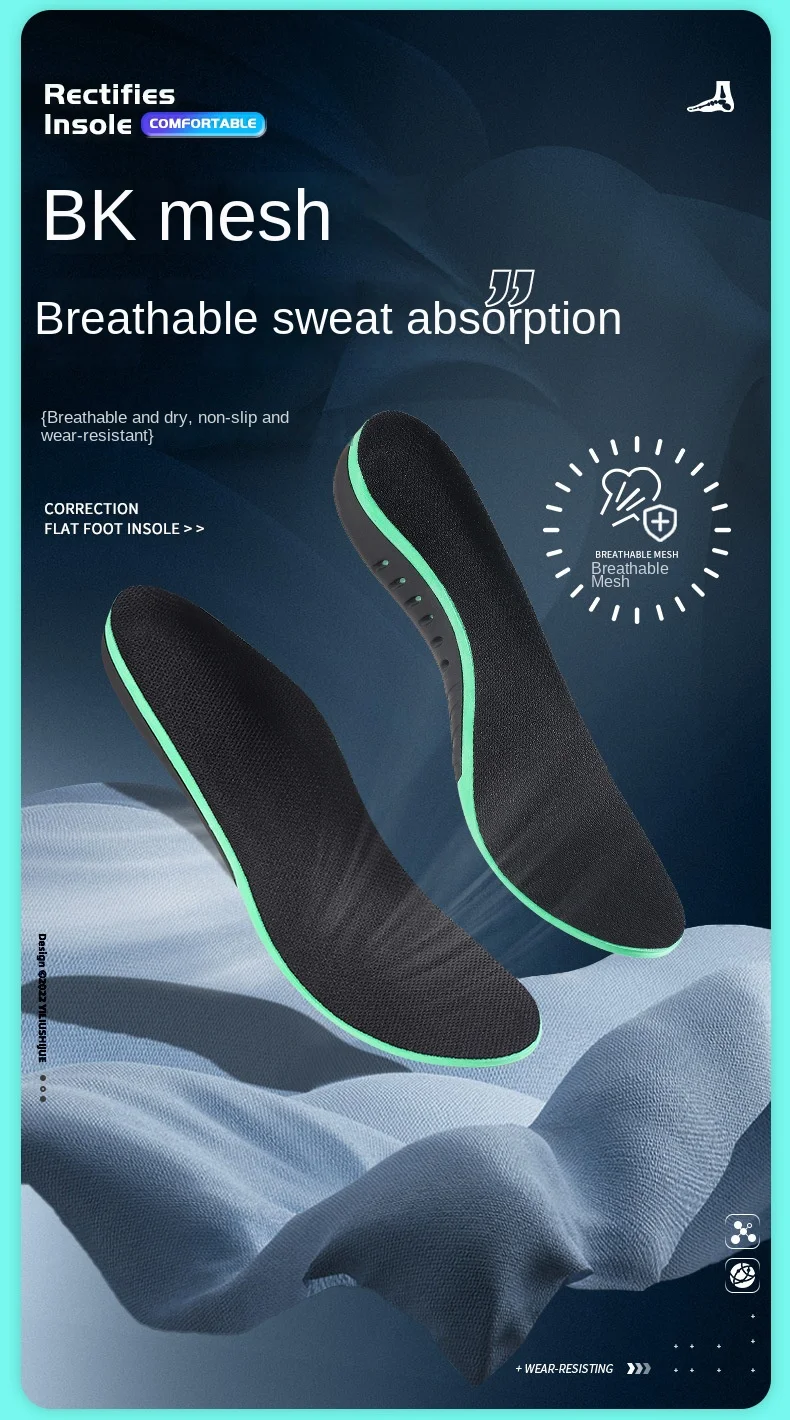 Sports Comfort Insole for Men Women High Arch Support Flat Bottom Sweat Absorbent Breathable Walking Posture Trainer Insole