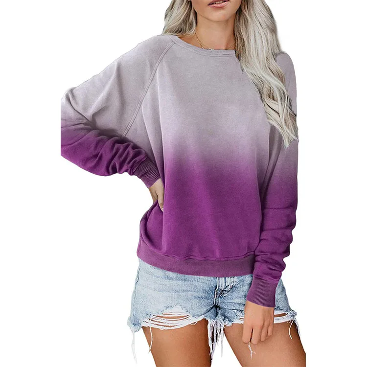 New Design Women's Ombre Crewneck Pullover Top Long Sleeve Loose Casual ...