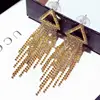 Kaimei 2020 luxury wedding bridal gold and silver dangle earrings long super flash triangle long chain tassel drop earrings