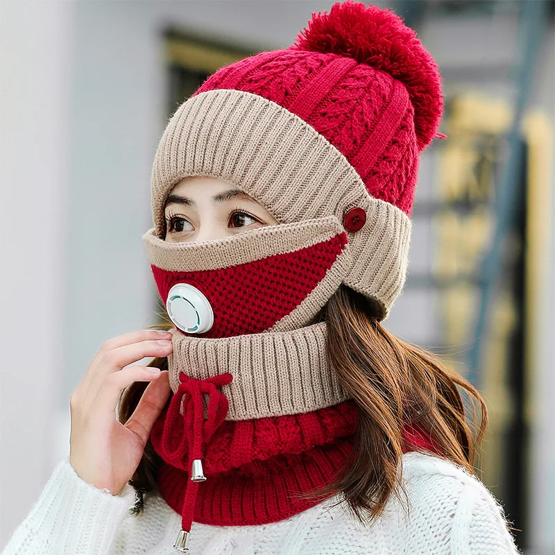 Shemax Knitted Hat Pompom Beanie Warm Scarf Anti Haze Face Cover Winter