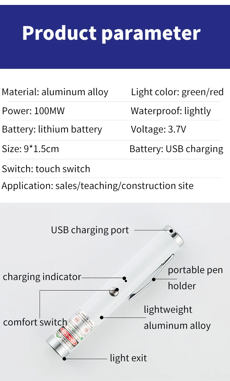 Hot Sale Mini laser Pointer USB Charging Laser Flashlight Waterproof Red Green Light For School Office Company Construction