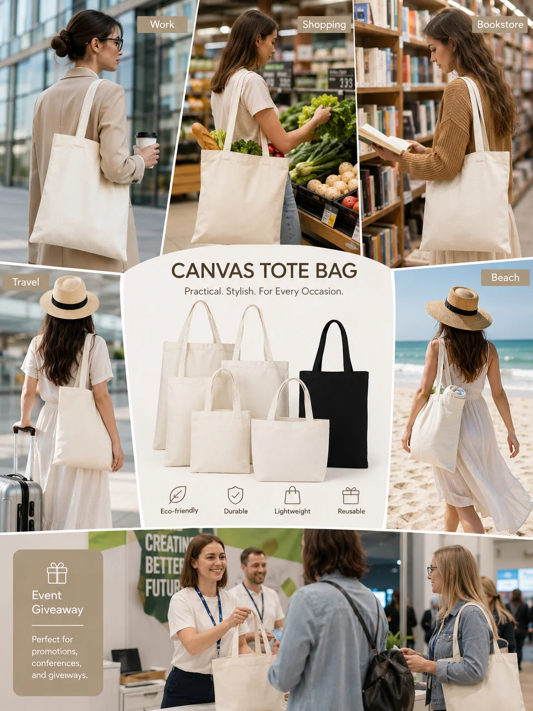 Custom Logo Canvas Tote Bag Multi-Size Reusable Shopping Bag Eco-Friendly Promotional Grocery Bag OEM