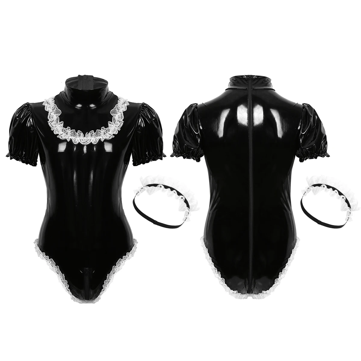 Men Adult Sissy Maid Cosplay Costume Wetlook Leotard Bodysuit With Lace