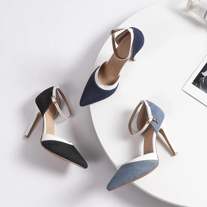New Pointy Toe Denim Patchwork Ladies Thin Heel Pumps