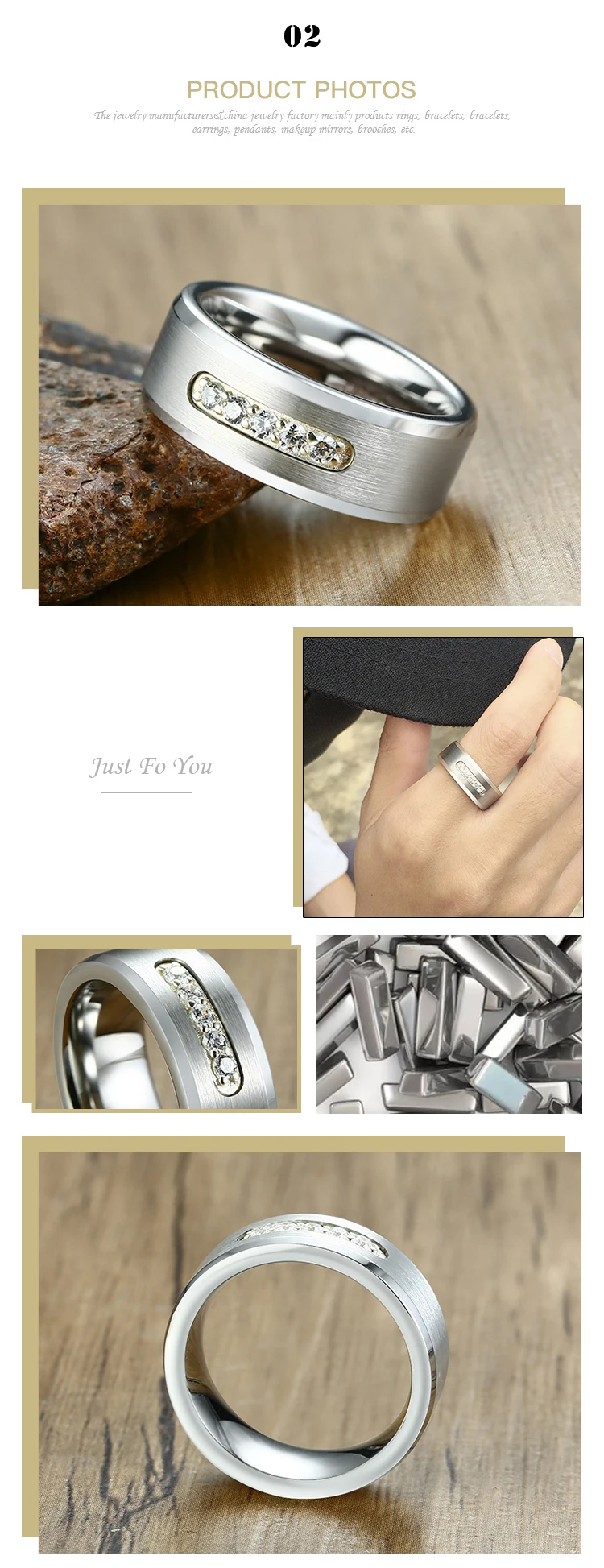 Supplier Wholesale European and American men's tungsten steel ring with zircon joints TCR-084