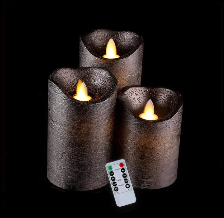Black good quality event decoration real wax dripping dancing flame LED pillar candle
