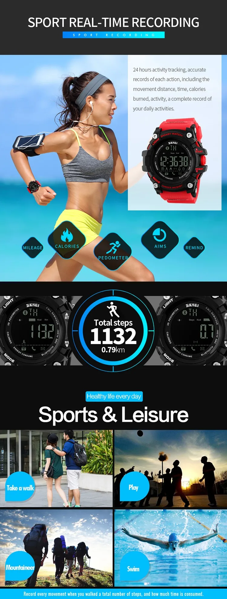 Men Sport Pedometer Watch Women Fashion Outdoor Digital Watches Calorie Tracker Bluetooth ios Android Skmei Fitness Smart Watch