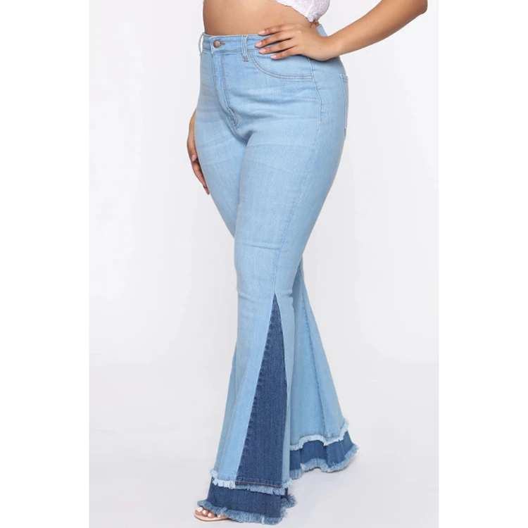 Best Design Fall 2021 Women Clothes High Waist Plus Size Jeans Pants Splice Bell Bottom Trousers Women Flare Denim Pants