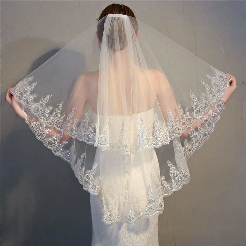Exquisite Double Layer Veil with Sequined Lace Beaded Wedding Headdress Embroidered  Bridal Veils