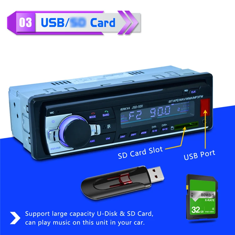 Hot Selling 1din User Manual Car Sd Usb Jsd-520 12v Fm Radio With Bt