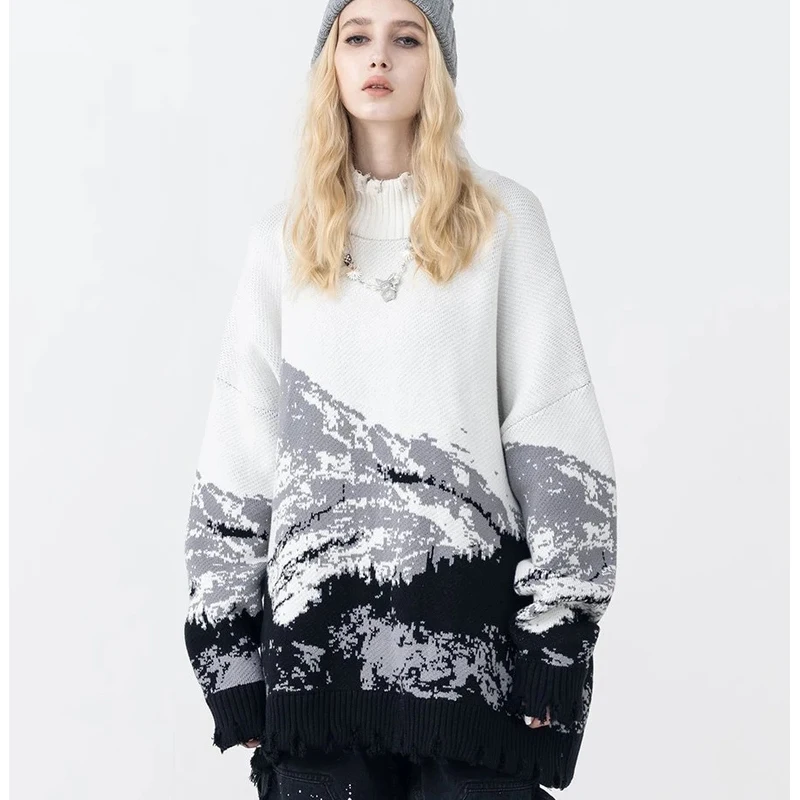 DiZNEW OEM Scenery Jacquard Design Knitwear Round Neck Neutral Plus Size Oversized Sweaters factory