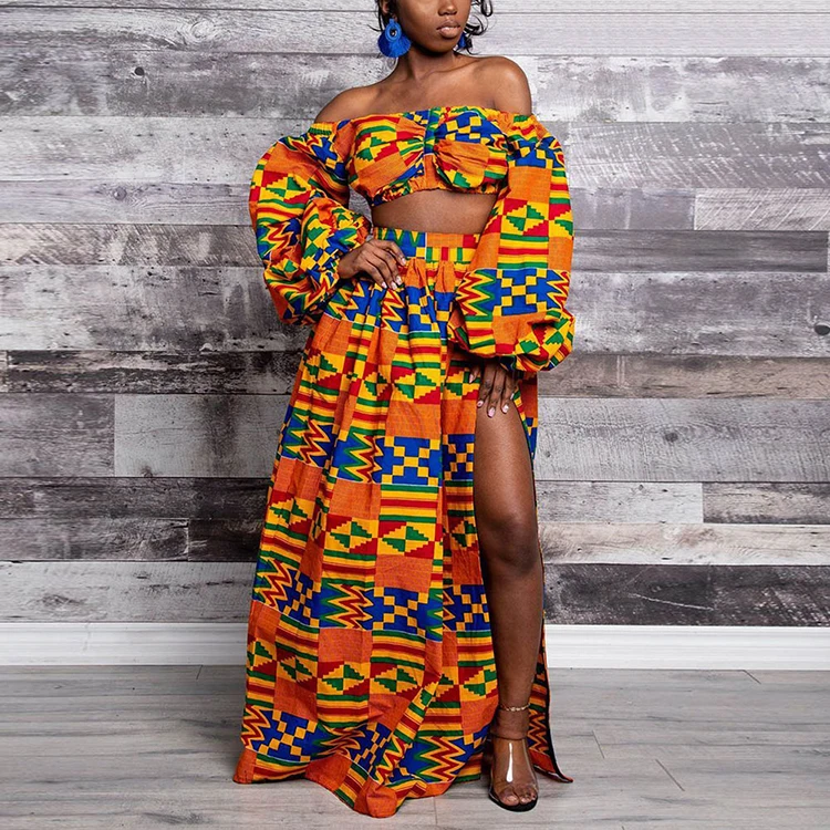 2020 Dashiki Pleated Printed Off Shoulder Crop Top And Skirts Set African Clothing For Women