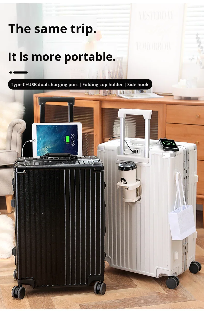 product 29 inch multifunctional pc trolley universal wheel spinner usb charging port aluminum frame new cup holder cartoon hard case-6