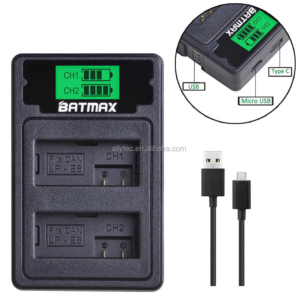 Batmax Lp E8 Lp E8 Lpe8 Usb Dual Charger With Type C For Canon Eos 550d 600d 650d 700d Kiss X4 X5 X6i X7i Rebel T2i T3i T4i T5i Buy Lp E8 Lcd