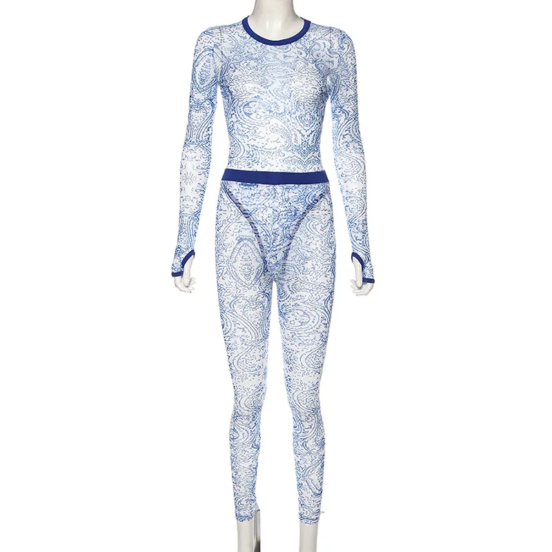 2020 Fashion New Arrival Women  Rompers Womens Sexy Bodycon Blue Print 2 Piece Jumpsuit Set