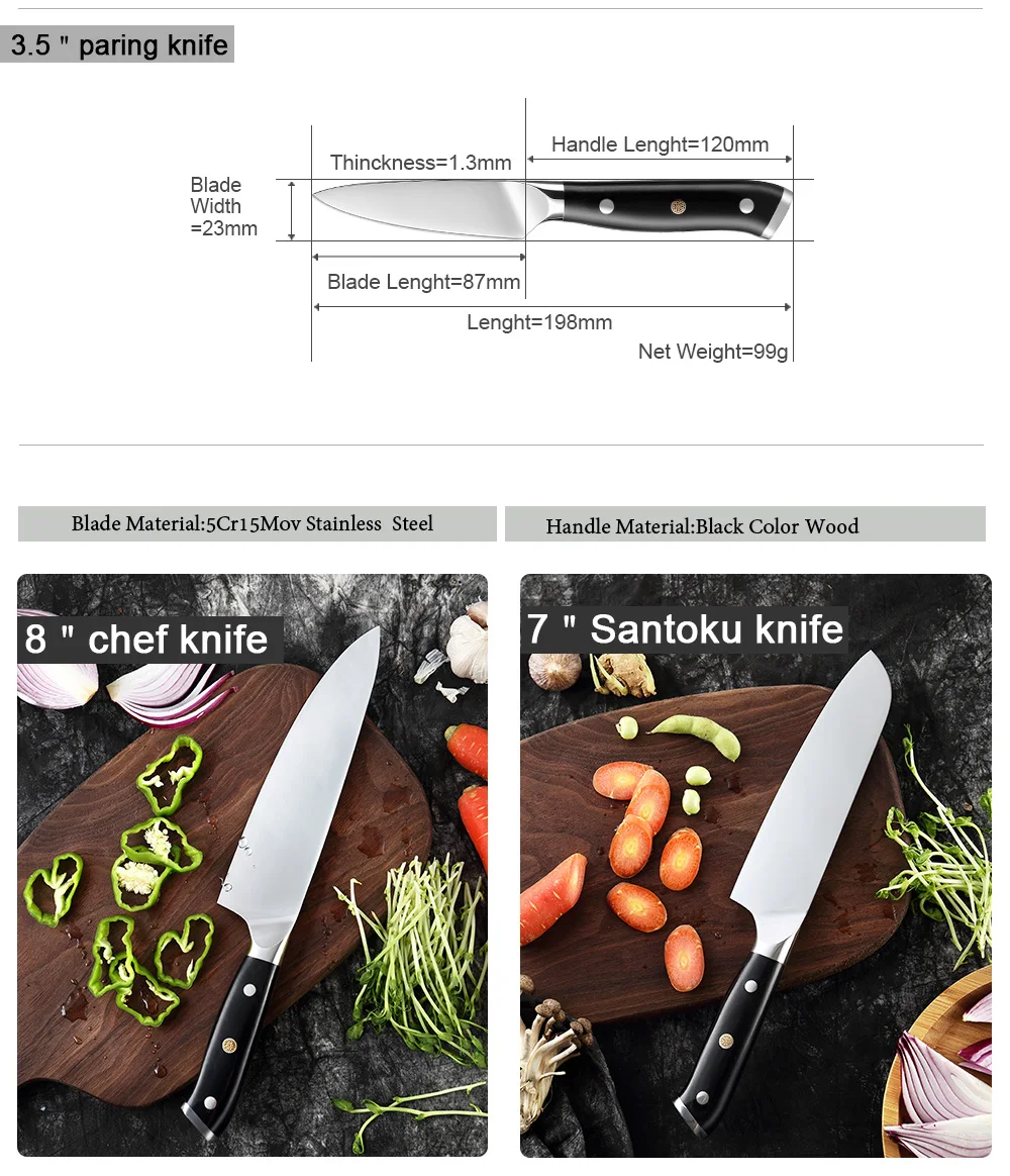 Nůž kuchařského nože z nerezové oceli XITUO Vysoce kvalitní kuchyňský nůž 5 ks Sada špičkových profesionálních nástrojů na krájení nožů z ebenové rukojeti