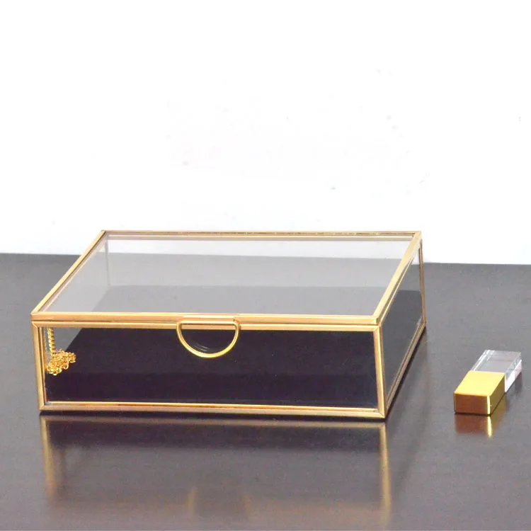 /\ Vintage Brass & Glass 21/2" Square Small Trinket Box Jewelry Ring