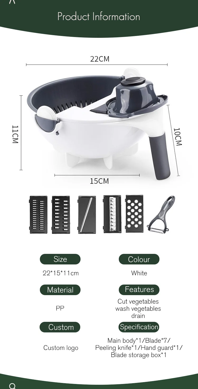 Stainless Steel 9 in 1 Multifunction Vegetable Cutter with Drain Basket, Magic Rotate Vegetable Slicer Portable Chopper Grater