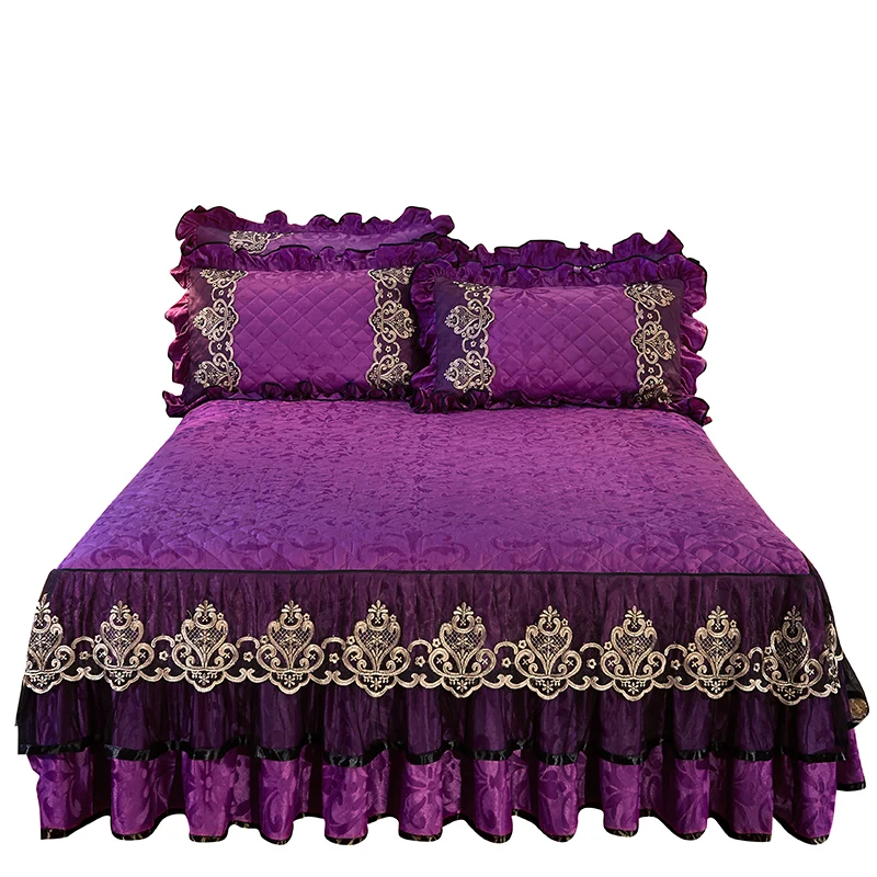 American Style Purple Velvet Quilted Bed Skirts Covers For Home Wedding