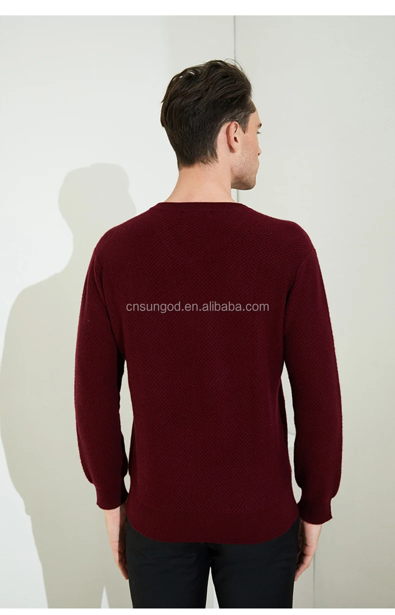 wholesale 100% pure cashmere men sweater burgundy v neck basic