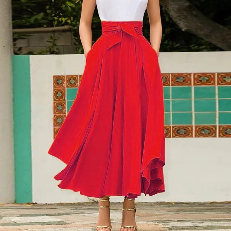 Elegant solid color long dress with a bow belt and big hem skirt for women and girls, perfect for evening events and special occasions