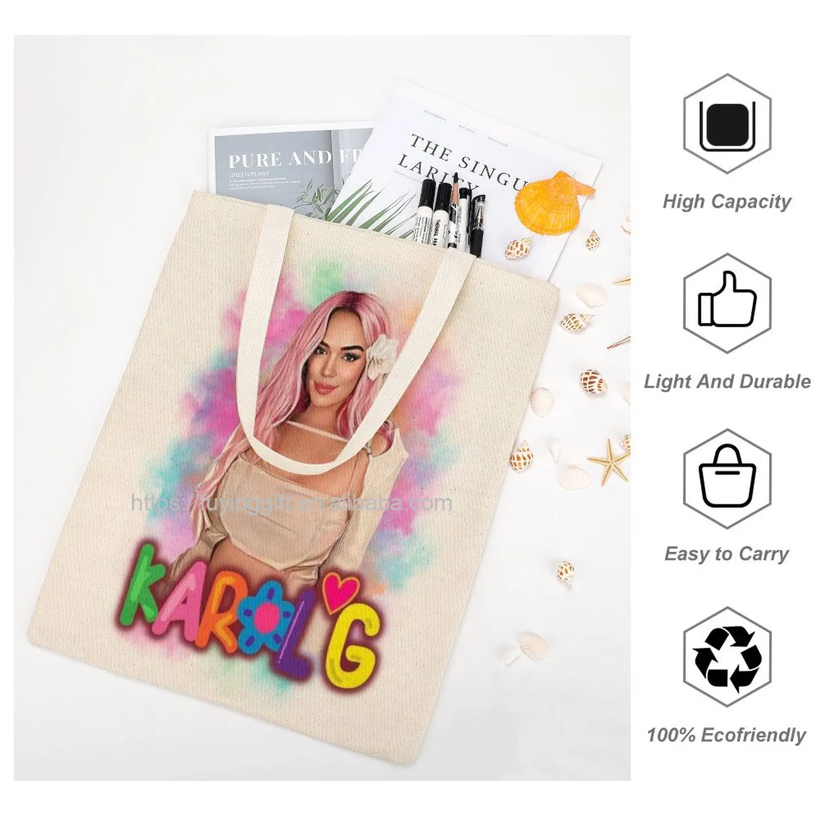 Newest Karol Carol G Pink Hair Women's Canvas Reusable Tote Hand Shopping Large Capacity Bag