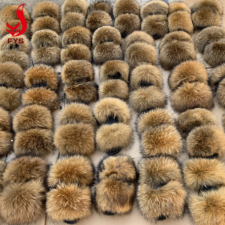 
Custom logo design women and baby real raccoon fur slippers ladies fur racoon slides 