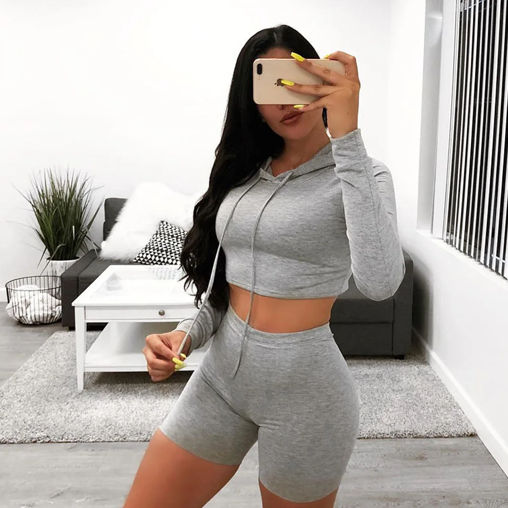 Women Tracksuit Pullover Hoodie Crop Top And Shorts Clothing Set Two ...