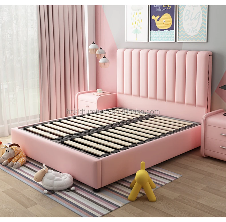 Children Pink Bed Frame Princess Queen Size Modern Leather Bed