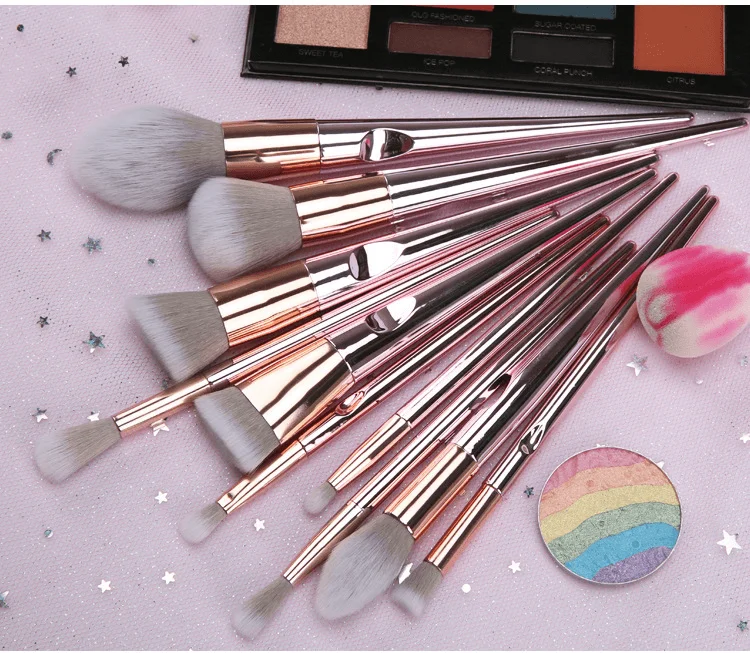 Wholesales 10 Pcs Rose Gold Laser Luxury Vegan Pink Professional Wood Custom Private Label Makeupbrush Makeup Brush Bag Set