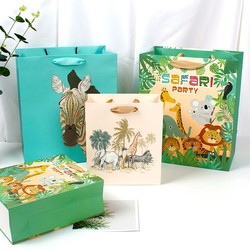 Wholesale Gift Paper Bag Printed Cartoon Animal Design With Stain Ribbon Handle Accept Customized