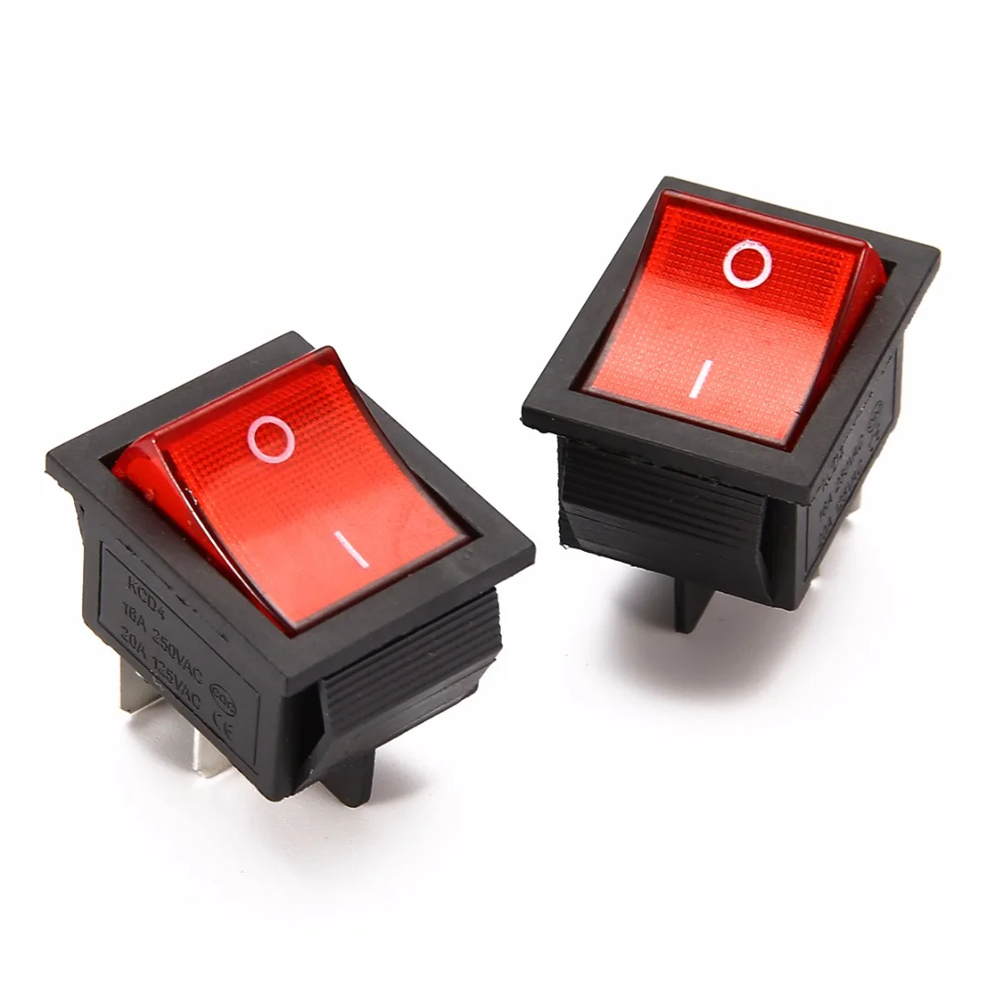 2 Position Red Light Rocker Switch 16A/250V KCD4-20 4 Pin ON/OFF Toggle Switches 35 x 25.5 x 10mm