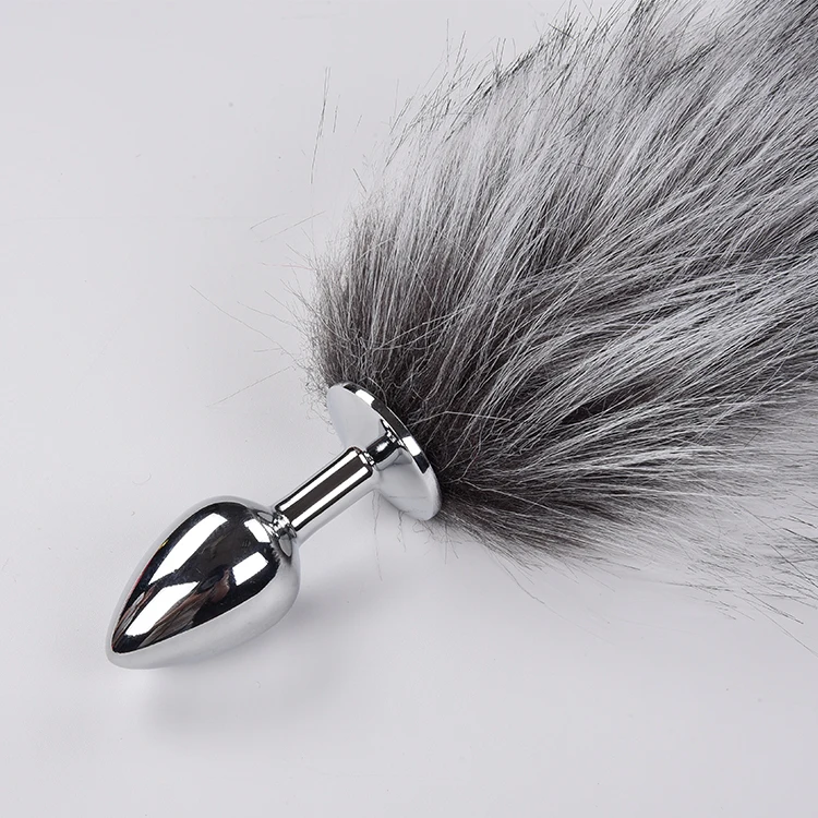 Funny False Fox Tail Mit Stainless Steel Plug Romance Game Toy Black and Silver! 