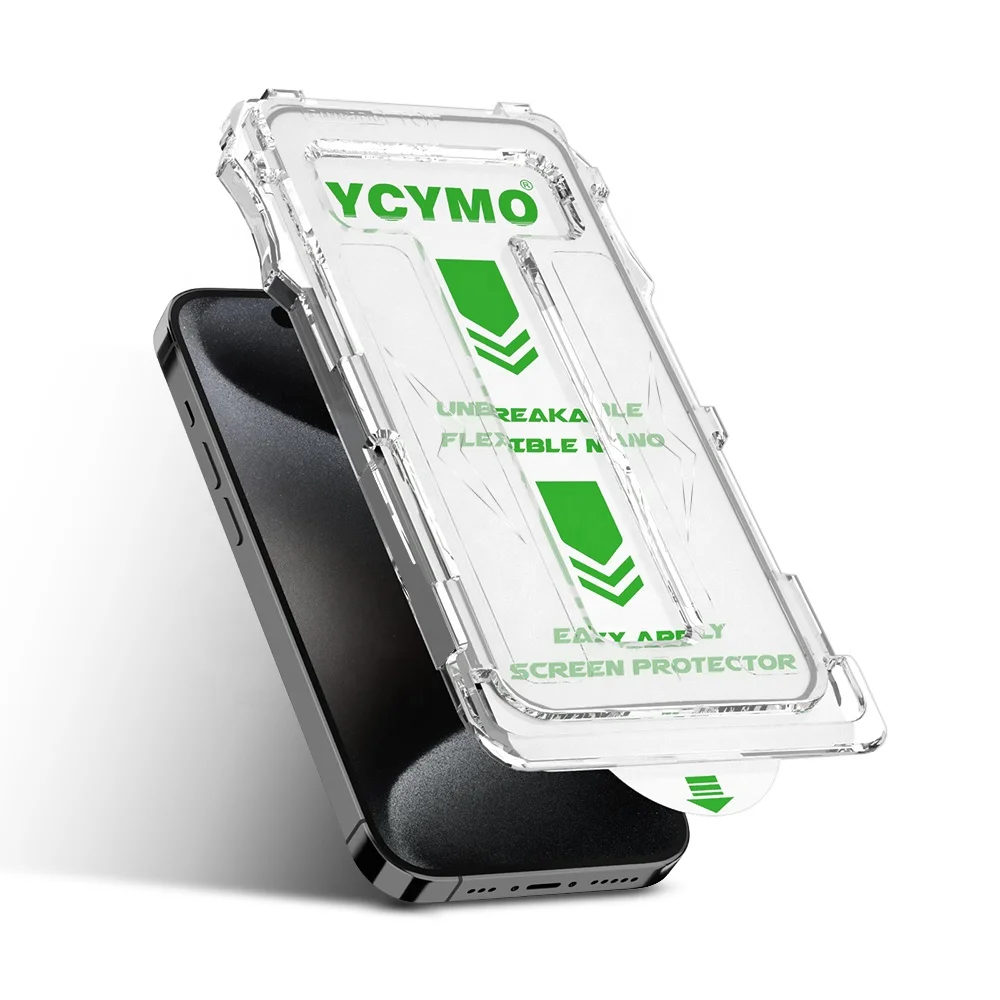 Top-down view of a user placing a phone into an alignment tray with visible positioning guides