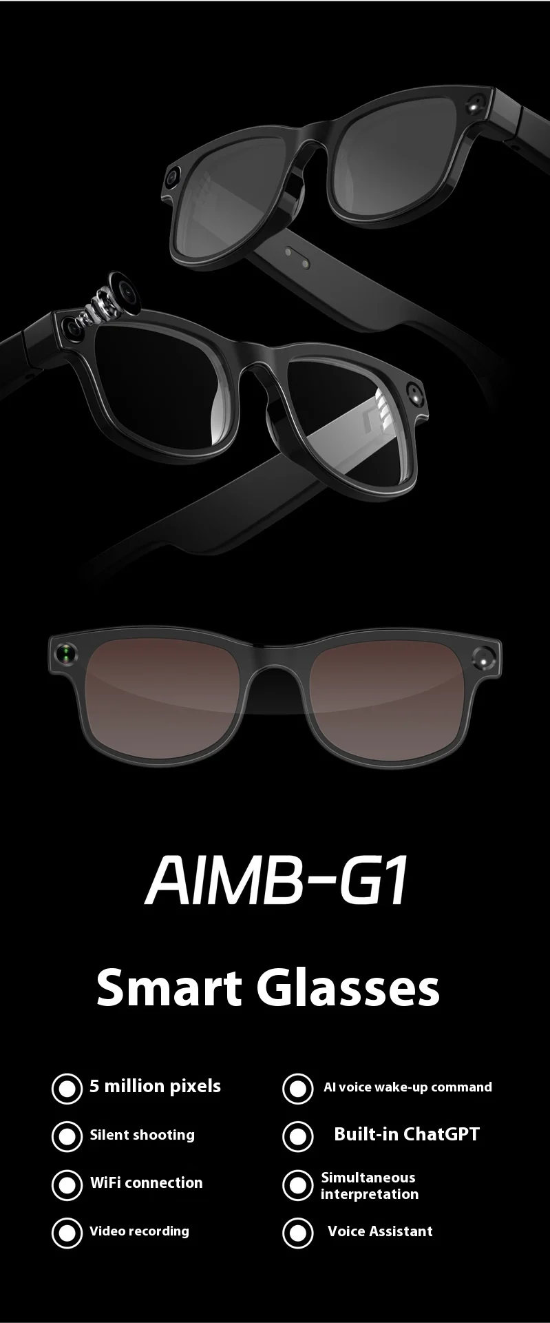 Aimb-G1智能眼镜跨境流行防蓝光镜头蓝牙通话AI语音助手照片智能穿戴