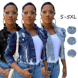 2021 Fashion Fall Clothing Hollow Out Jeans Jacket Coats Ladies Ripped Plus Size Denim Jacket Women
