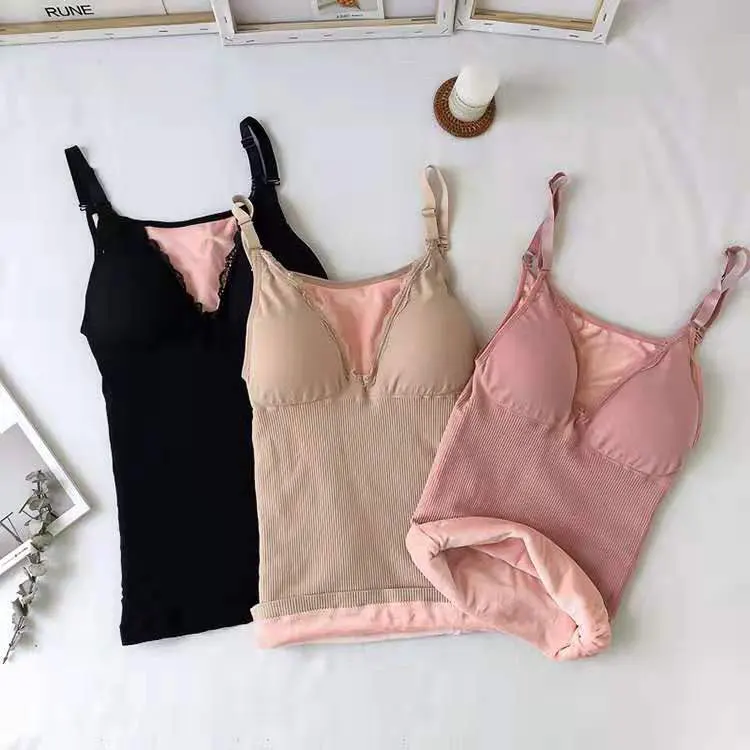 
Adjustable Strap Camisole Lace V Neck Cami Base Shirt Tank Top Warm Lining Villi Camisole With Built In Bra Cups 