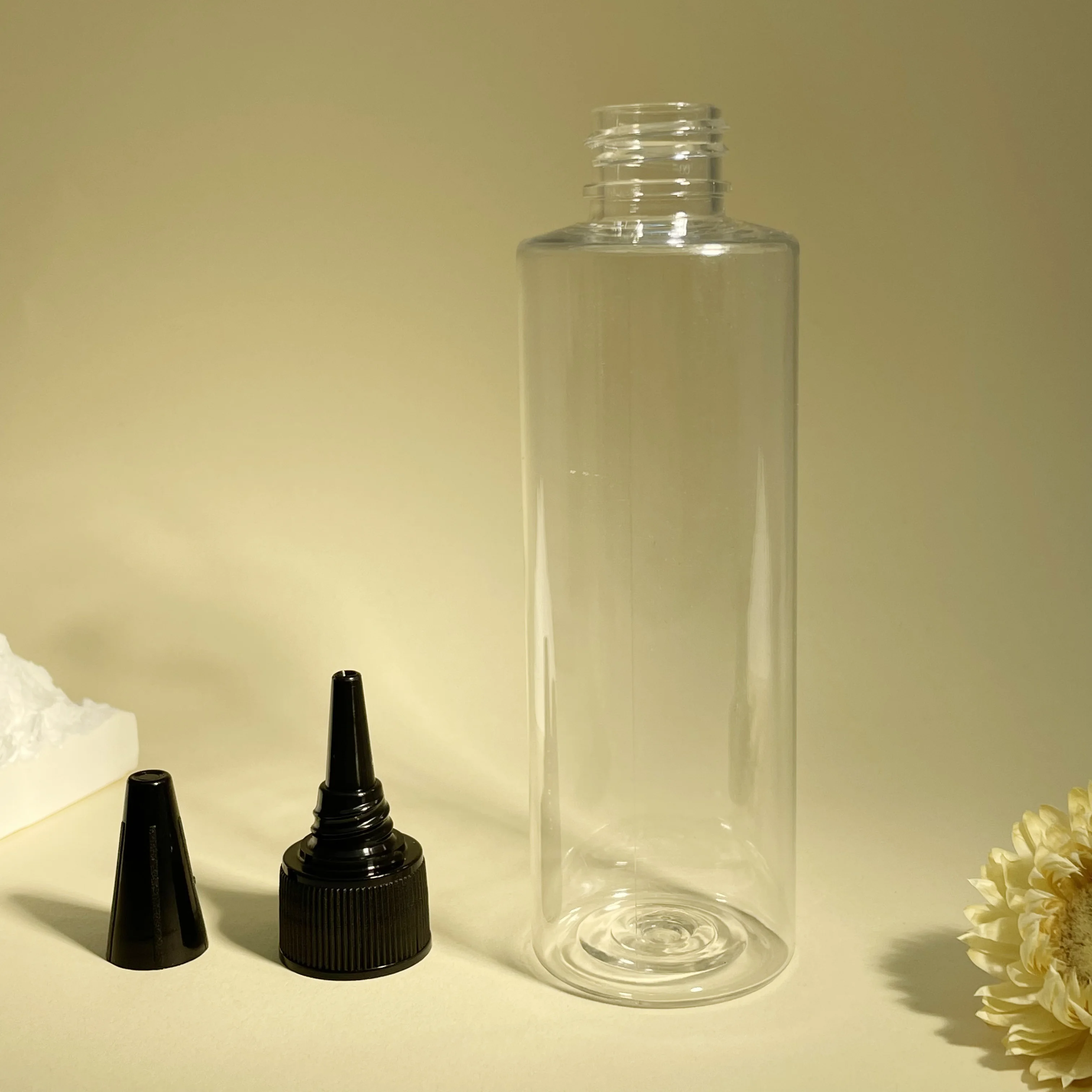 product 100ml 120ml c lear plastic bottle with black twist cap lotion hair oil shampoo pet squeeze bottle-4