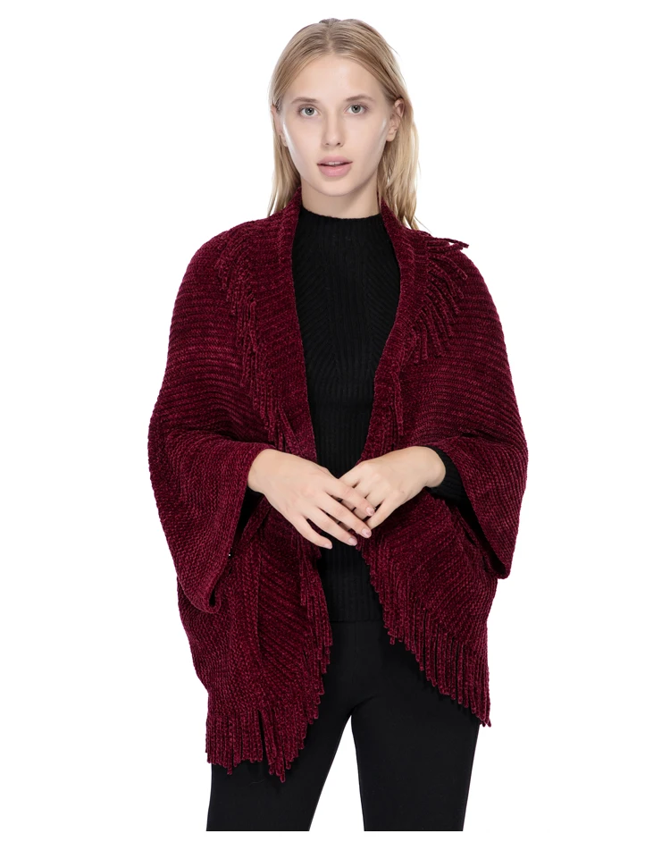 wholesale winter European and American fashion open 100% polyester tricot knitted women poncho chenille sweater knit shawl