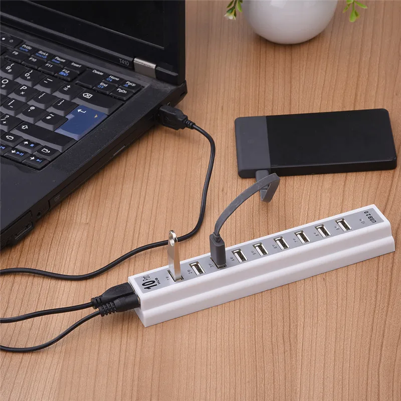 USB 2.0 Hi-speed 480Mbps 10 Ports USB Hub + Power Adaptor For PC Notebook Laptop with Retail Package
