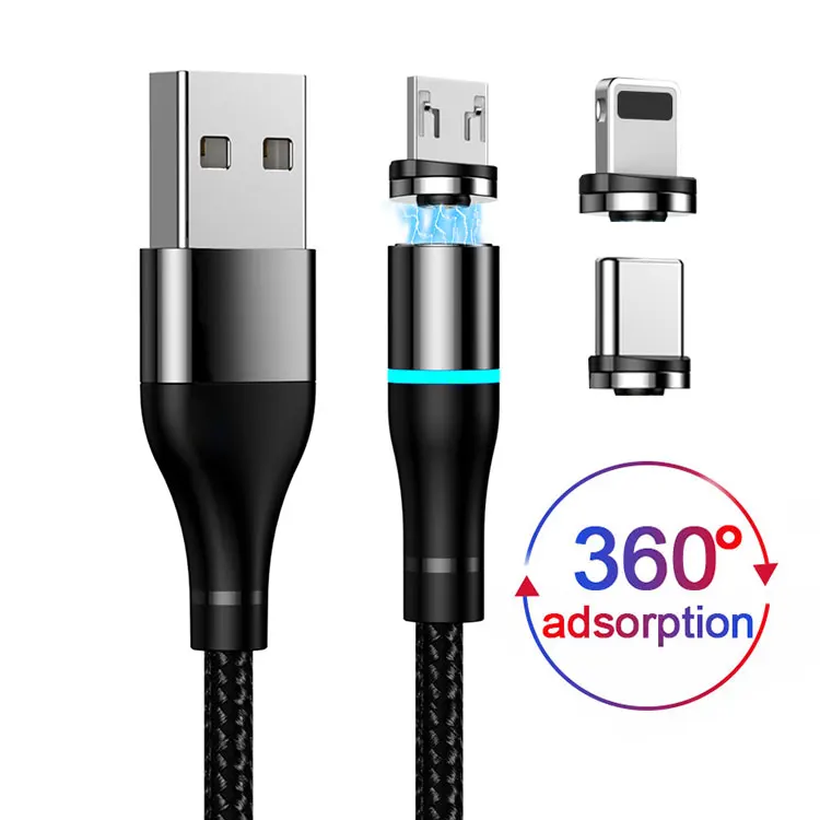 Nylon Braided Cable Fast Charger Mobile Phone Android Micro Usb For iPhone Type-C Usb-C Cable 3 In 1 Led Magnetic Charging Cable