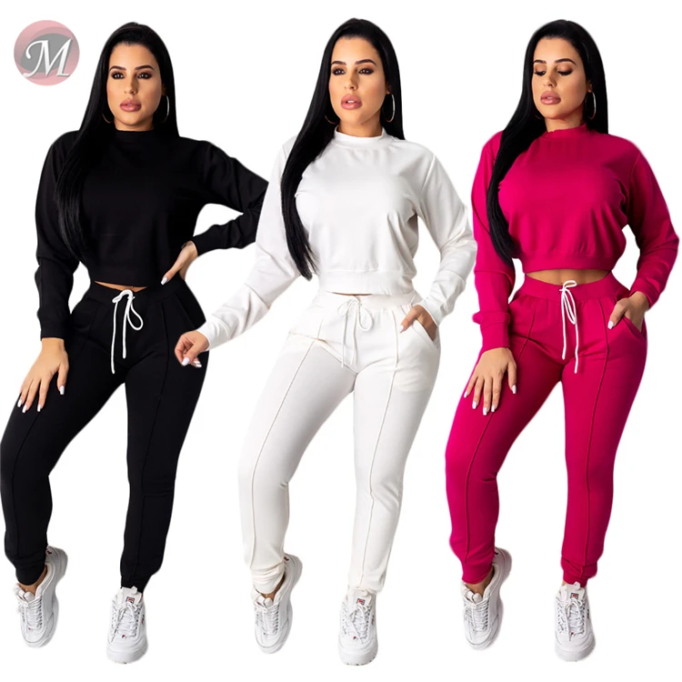 9082126 queenmoen new leisure sports solid sleeve pullover short top drawstring long pants two piece women clothing set