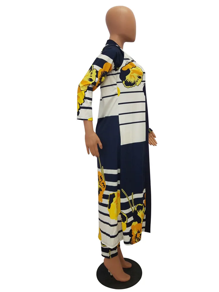 SACM202 print trendy long coat and pencil pants women casual suit ladies 2 piece set