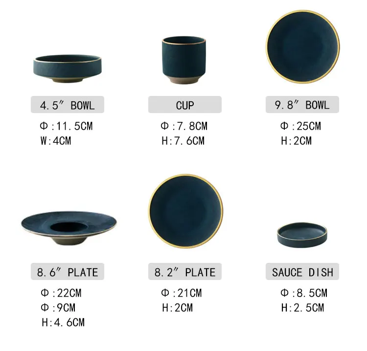 Ceramic gold rim steak plate rice soup bowl green restaurant dinnerware set