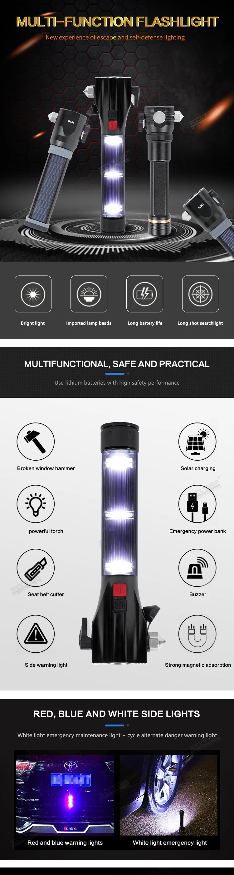 MultiFunction Outdoor Aluminium USB Charger Car Solar Powered Emergency LED Tactical Flashlight for Hiking